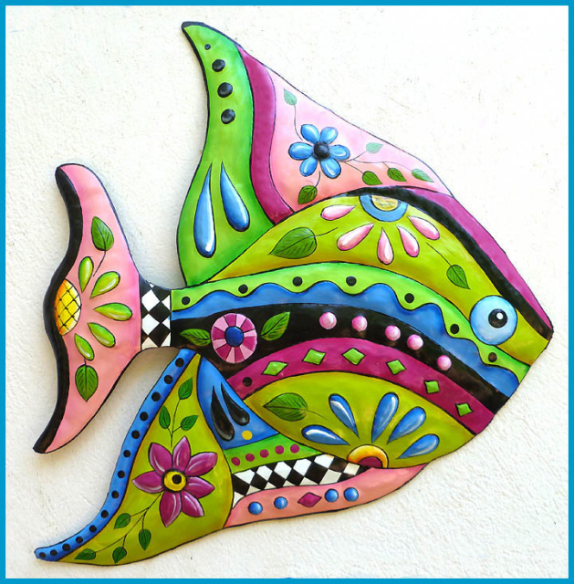 hand painted metal tropical fish wall hanging